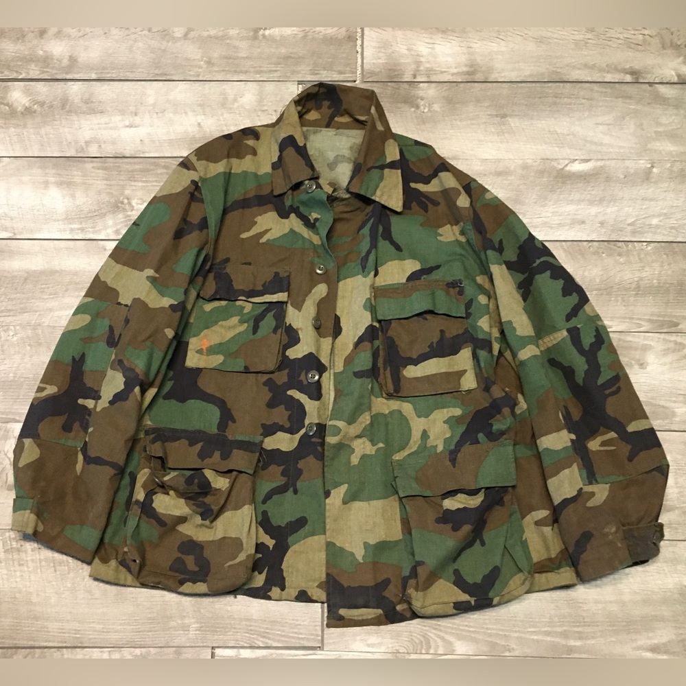 Vtg 1980's US Army Woodland Camo Jacket Shirt Gibraltar Industries Uniform Large